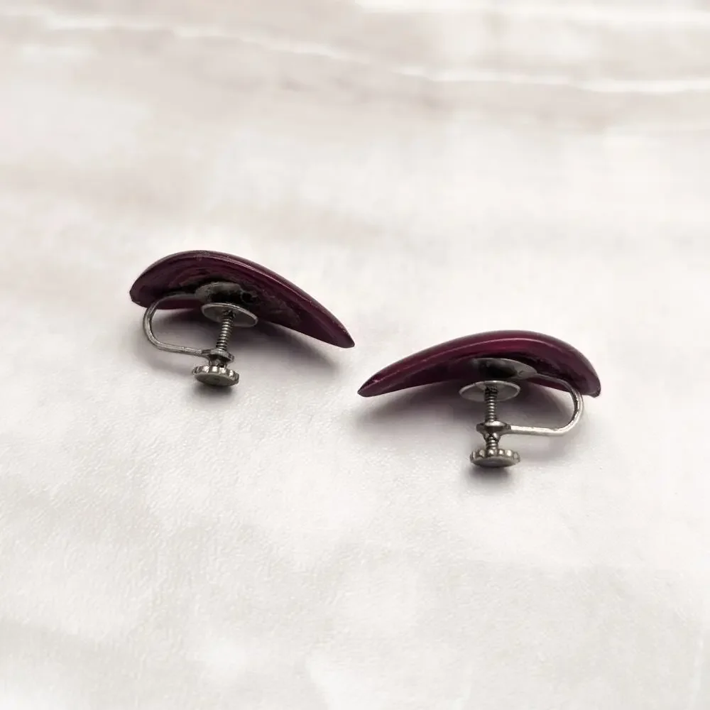 Vintage Screw On Earrings Burgundy Curved Teardrop - Japan - Fair Condition